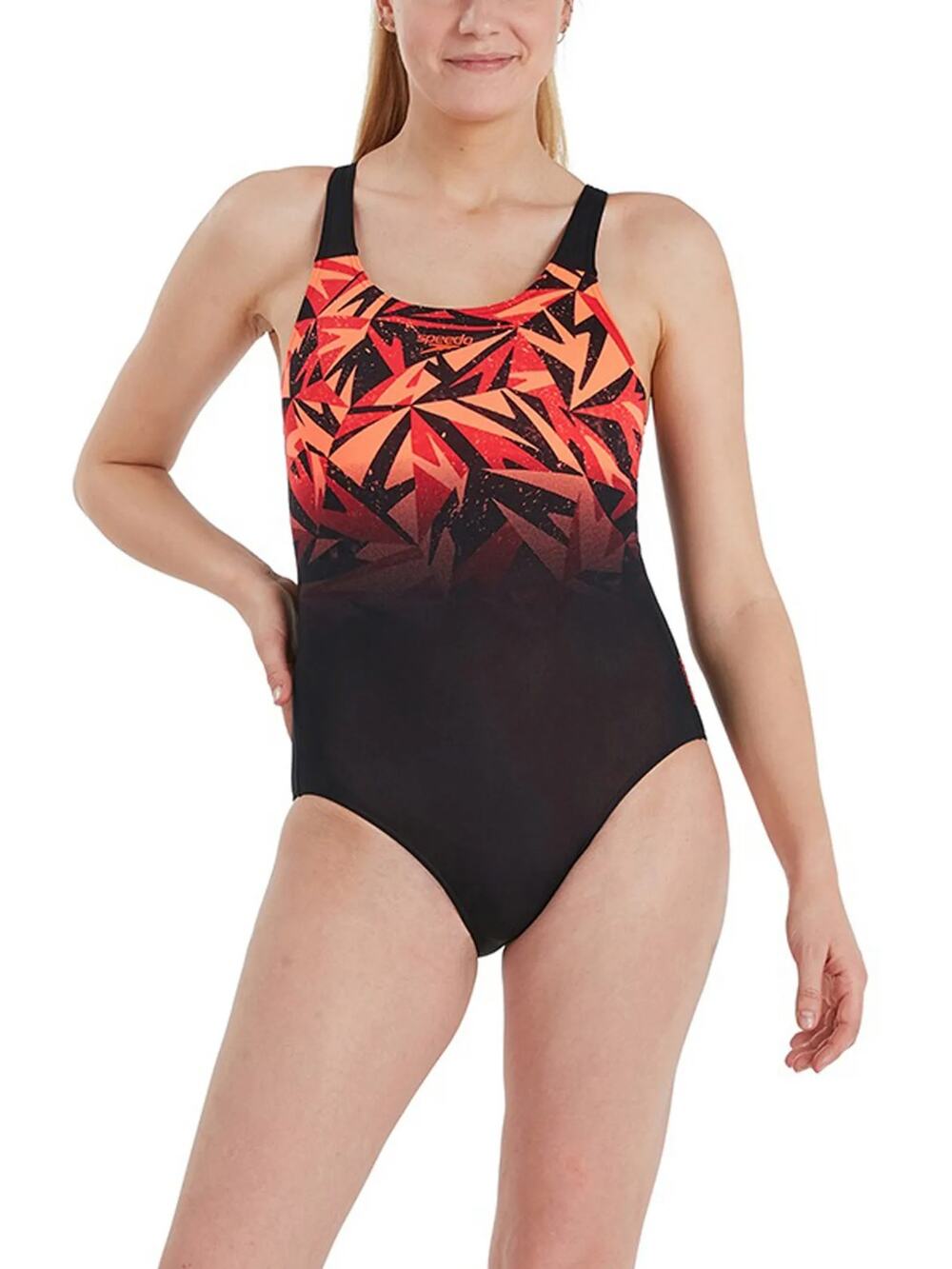Speedo Women Hyperboom Placement Muscleback One Piece Swimsuit Black Orange 32